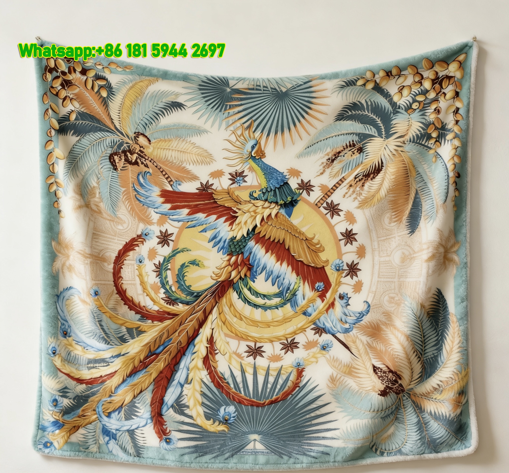Hermès Elegant Tropical Phoenix Print Flannel Throw Blanket IMG_5207